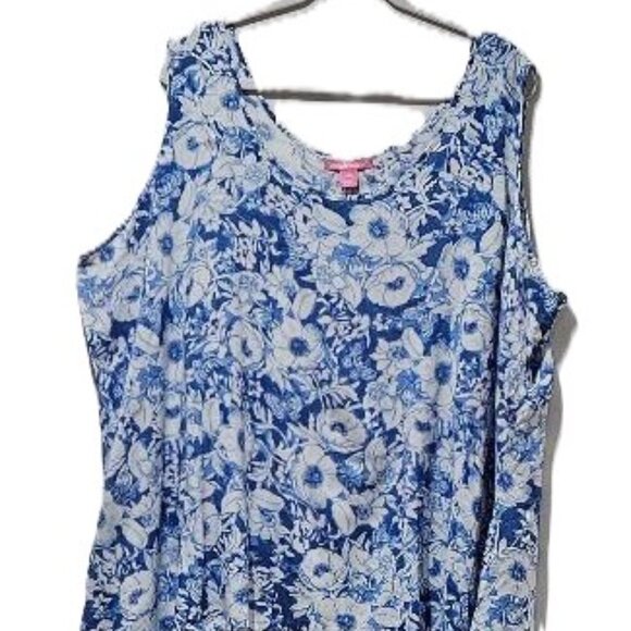 Woman Within Tops - WOMAN WITHIN BLUE WHITE FLORAL CLOISONNE SLEEVELESS SCOOP NECK TANK TOP  2X - 4X